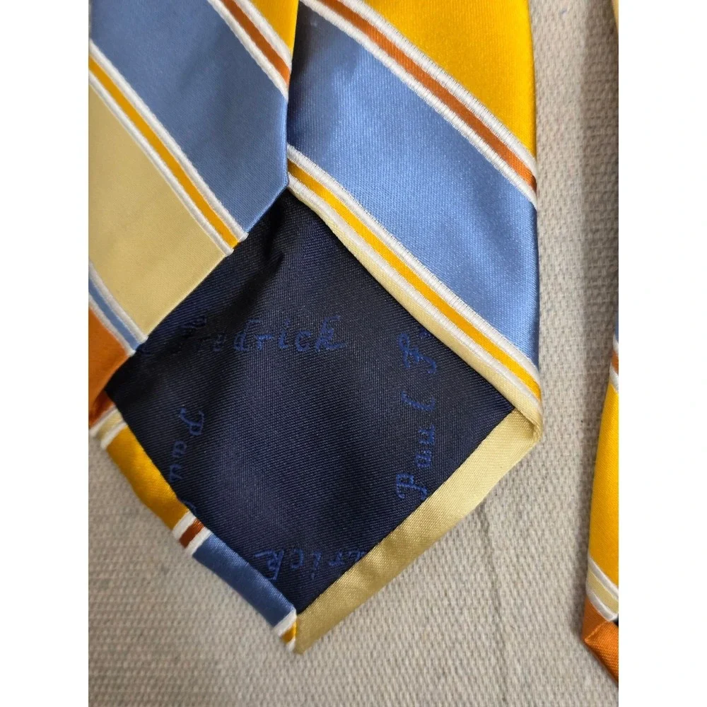 Paul‎ Fredrick Mens Silk Necktie Orange Blue Yellow Striped Handmade Tie
